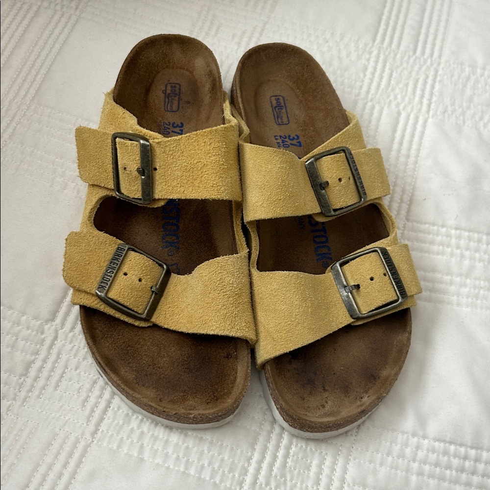 Birkenstock Arizona Mustard Suede Double Strap Sandals